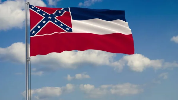 Mississippi bandeira do Estado no vento contra a renderização céu nublado 3d — Fotografia de Stock