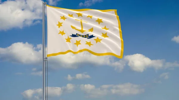 Флаг штата Род-Айленд на ветру против облачного неба 3D рендеринга — стоковое фото
