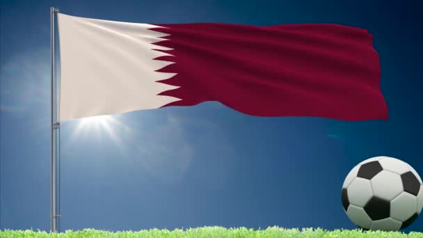 Flagga av Qatar fladdrande och en fotboll rullar, 3d-rendering — Stockvideo