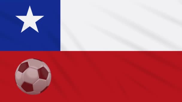 Chile flagga och fotboll roterar mot bakgrund av viftande trasa — Stockvideo