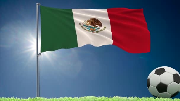 Bandera de México ondeando y rollos de fútbol — Vídeos de Stock