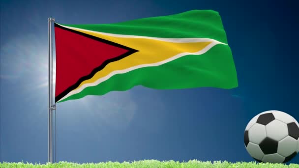 Guyana bayrak çırpınma ve futbol rulo — Stok video