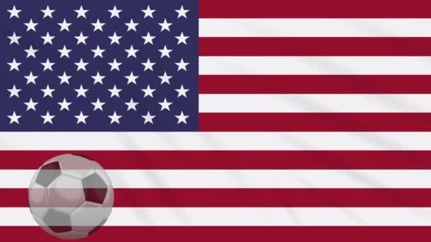 Bandera de EE.UU. ondeando y pelota de fútbol gira, bucle — Vídeo de stock