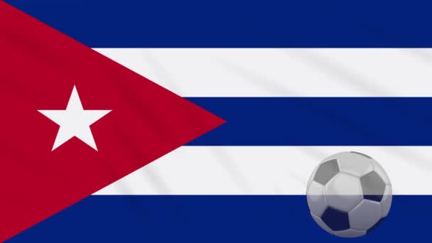 Куба размахивает флагом и футбольный мяч вращается, петля — стоковое видео