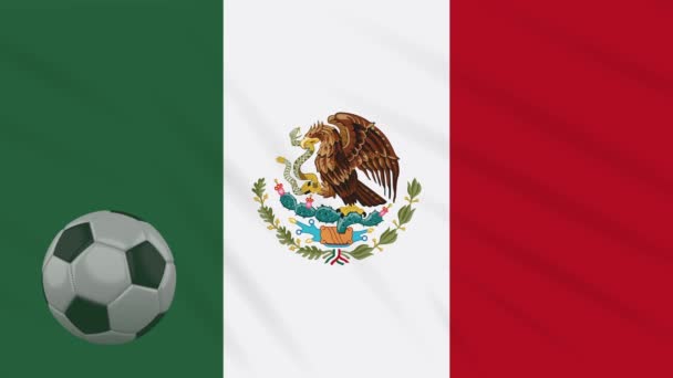 Bandera de México ondeando y pelota de fútbol gira, bucle — Vídeos de Stock