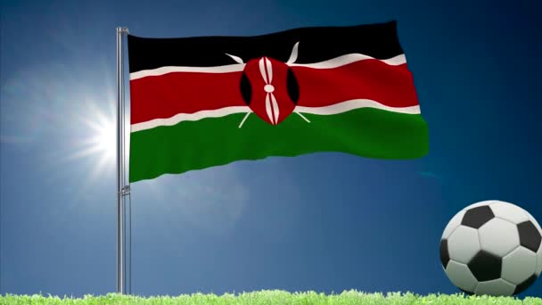 Kenya flag fluttering and football rolls — Stock Video