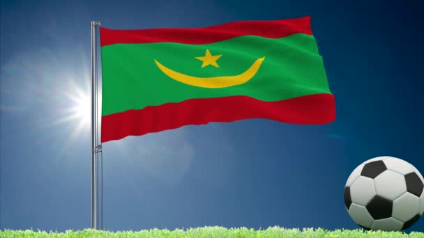 Mauritania flag fluttering and football rolls — Stock Video