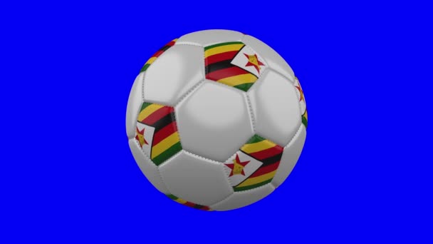 Pelota de fútbol con bandera de Zimbabue sobre fondo azul croma key, bucle — Vídeo de stock