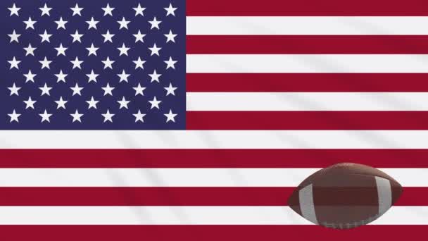 Bandera de EE.UU. ondeando y pelota de fútbol americano gira, bucle — Vídeos de Stock