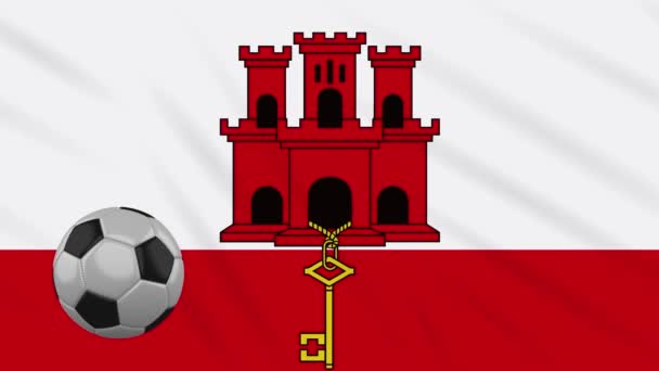 Gibraltarská vlajka mávání a fotbal se otáčí, smyčka — Stock video