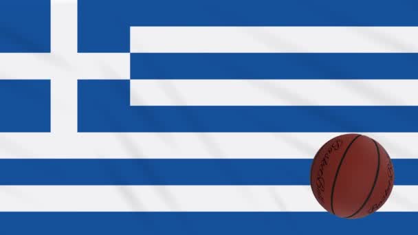 Yunanistan bayrak sallar ve basketbol döner, döngü — Stok video