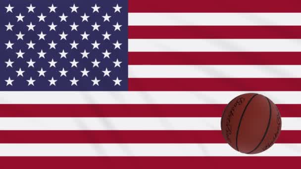 USA vlag twijfelt en basketbal draait, lus — Stockvideo
