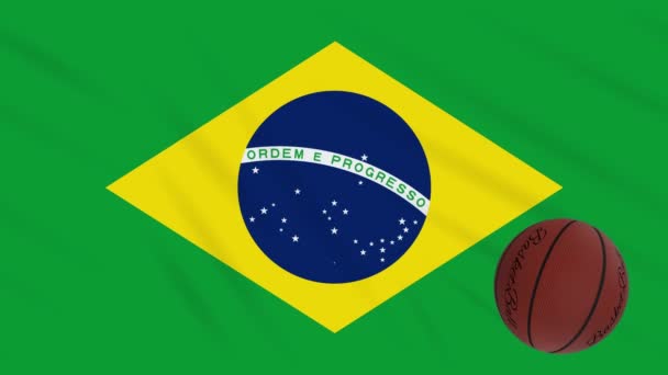 Brazilië vlag twijfelt en basketbal draait, lus — Stockvideo