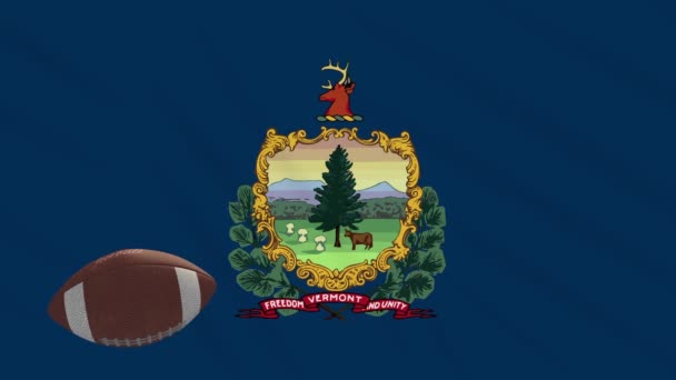Vermont flagga vinka och amerikansk fotboll bollen roterar, loop — Stockvideo