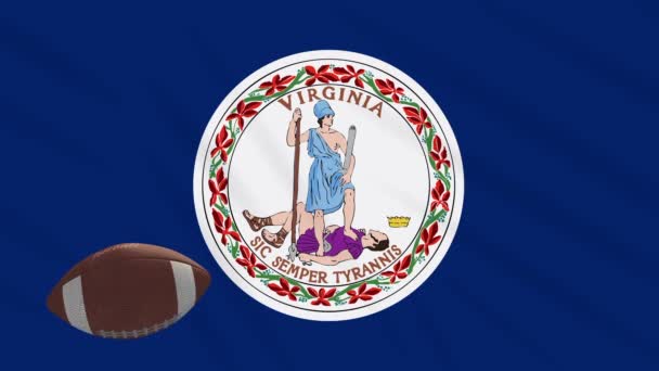 Bandeira da Virgínia acenando e bola de futebol americano gira, loop — Vídeo de Stock