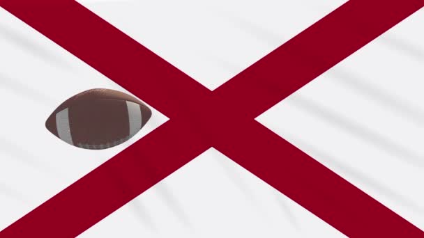 Alabama flag waving and american football ball rotates, loop — ストック動画