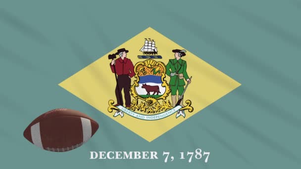 Delaware bayrağı dalgalanıyor ve Amerikan futbol topu dönüyor, dönüyor — Stok video