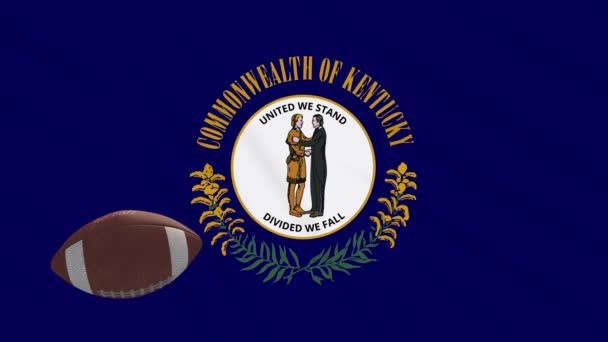 Bandeira de Kentucky acenando e bola de futebol americano gira, loop — Vídeo de Stock