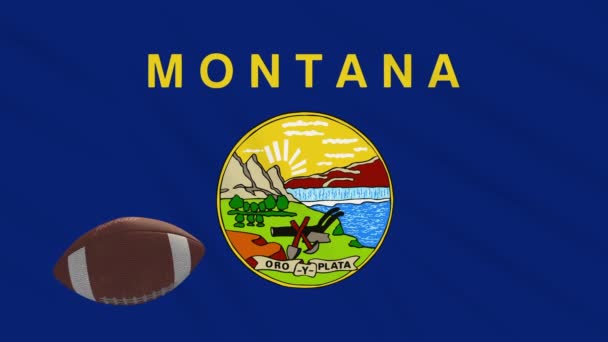Bandeira Montana acenando e bola de futebol americano gira, loop — Vídeo de Stock