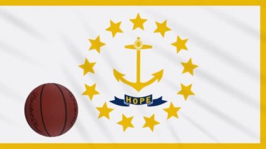 Rhode Island bayrağı sallanıyor ve basketbol topu dönüyor, dönüyor