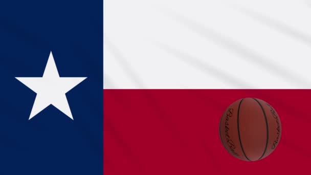Teksas bayrağı sallanıyor ve basketbol topu dönüyor, dönüyor — Stok video