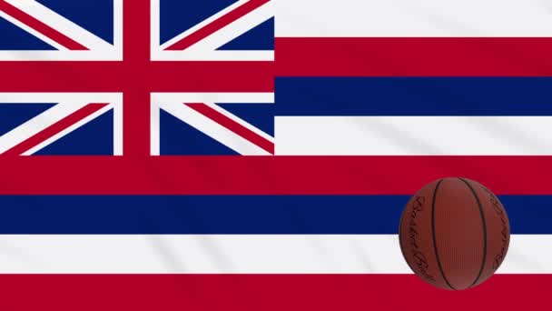 Hawaii σημαία κυματίζει και μπάλα μπάσκετ περιστρέφεται, βρόχο — Αρχείο Βίντεο