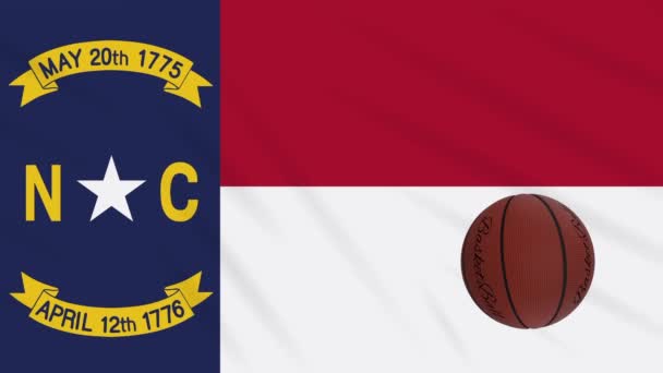 North Carolina flagga viftar och basket bollen roterar, loop — Stockvideo