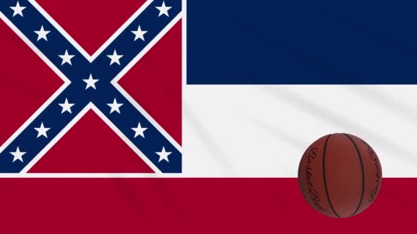 Bandeira Mississippi acenando e bola de basquete gira, loop — Vídeo de Stock