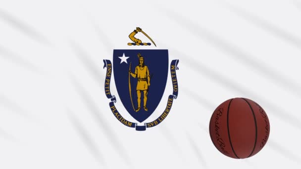 Махание флагом Массачусетса и баскетбольный мяч вращается, петля — стоковое видео