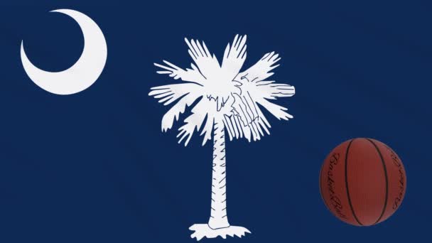 Σημαία Νότιας Καρολίνας κυματίζει και μπάλα μπάσκετ περιστρέφεται, βρόχο — Αρχείο Βίντεο