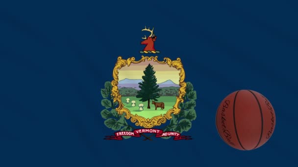 Vermont flag waving and basketball ball rotates, loop — Stock Video