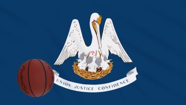 Luisiana bandera ondeando y pelota de baloncesto gira, bucle — Vídeos de Stock