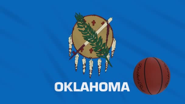 Bandeira de Oklahoma acenando e bola de basquete gira, loop — Vídeo de Stock