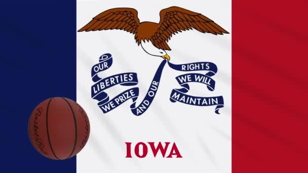 Iowa bayrağı sallanıyor ve basketbol topu dönüyor, dönüyor — Stok video