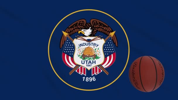Utah flag waving and basketball ball rotates, loop — Stock Video