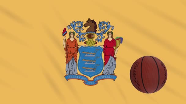 New Jersey bayrağı sallanıyor ve basketbol topu dönüyor, dönüyor — Stok video