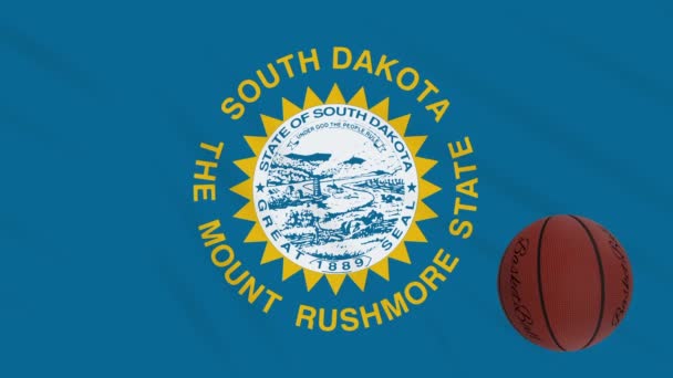 Bandeira Dakota do Sul acenando e bola de basquete gira, loop — Vídeo de Stock