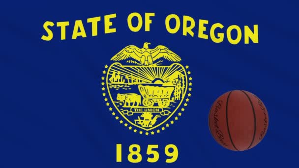 Bandeira de Oregon acenando e bola de basquete gira, loop — Vídeo de Stock