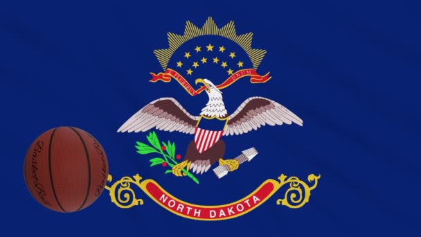 North Dakota flag waving and basketball ball rotates, loop — Stock Video