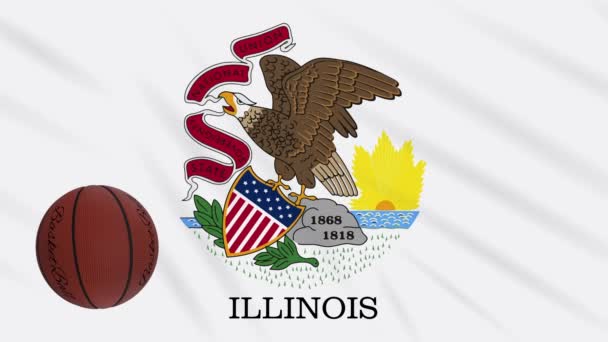 Illinois bandera ondeando y pelota de baloncesto gira, bucle — Vídeos de Stock