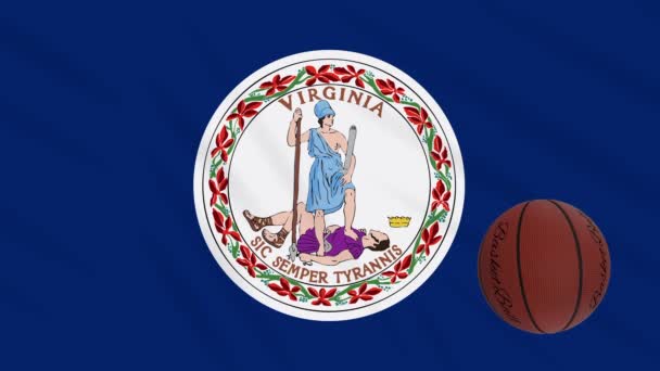 Virginia flag waving and basketball ball rotates, loop — Stock Video