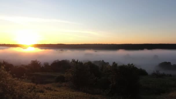 Mist boven rivier zwaait en gloeit in stralen van rijzende zon — Stockvideo