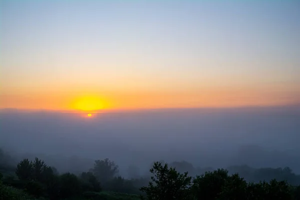 Brume Lever Soleil Silhouettes Arbres Dans Brouillard — Photo