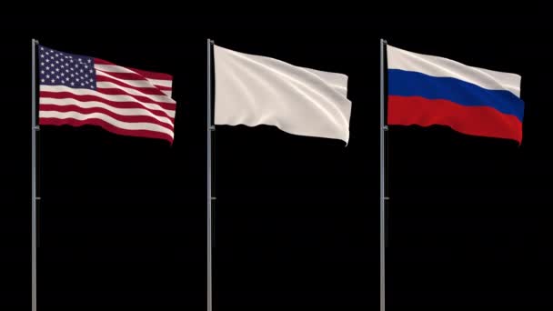 Estados Unidos, banderas de Rusia y bandera blanca ondeando sobre fondo transparente, imágenes 4k con canal alfa — Vídeos de Stock