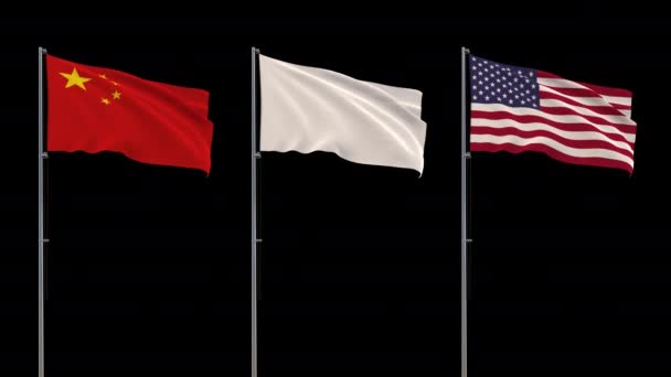 Flaggor i Kina, USA och vit flagga viftar på transparent bakgrund, 4k film med alfakanal — Stockvideo