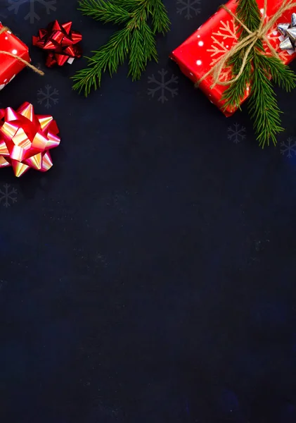 Christmas Background Fir Tree Decor Top View Copy Space Xmas — Stock Photo, Image