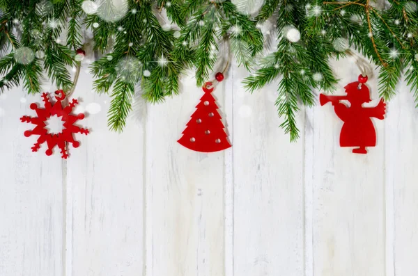 Christmas Backdrop Decor Fir Tree Branch Covered Snow Wooden Texture — Stock Photo, Image