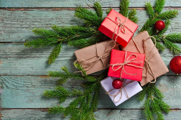 Christmas Composition Presents Fir Branches Rustic Turquoise Wooden Board Colorfur — Stock Photo, Image