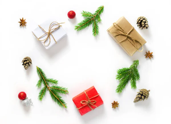 Christmas composition on white background. Top view. — Stock Photo, Image