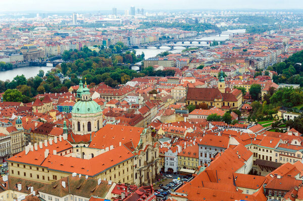 Panoramic view at Prague and Vltava river in summer, Czech republic, Europe. Top view.